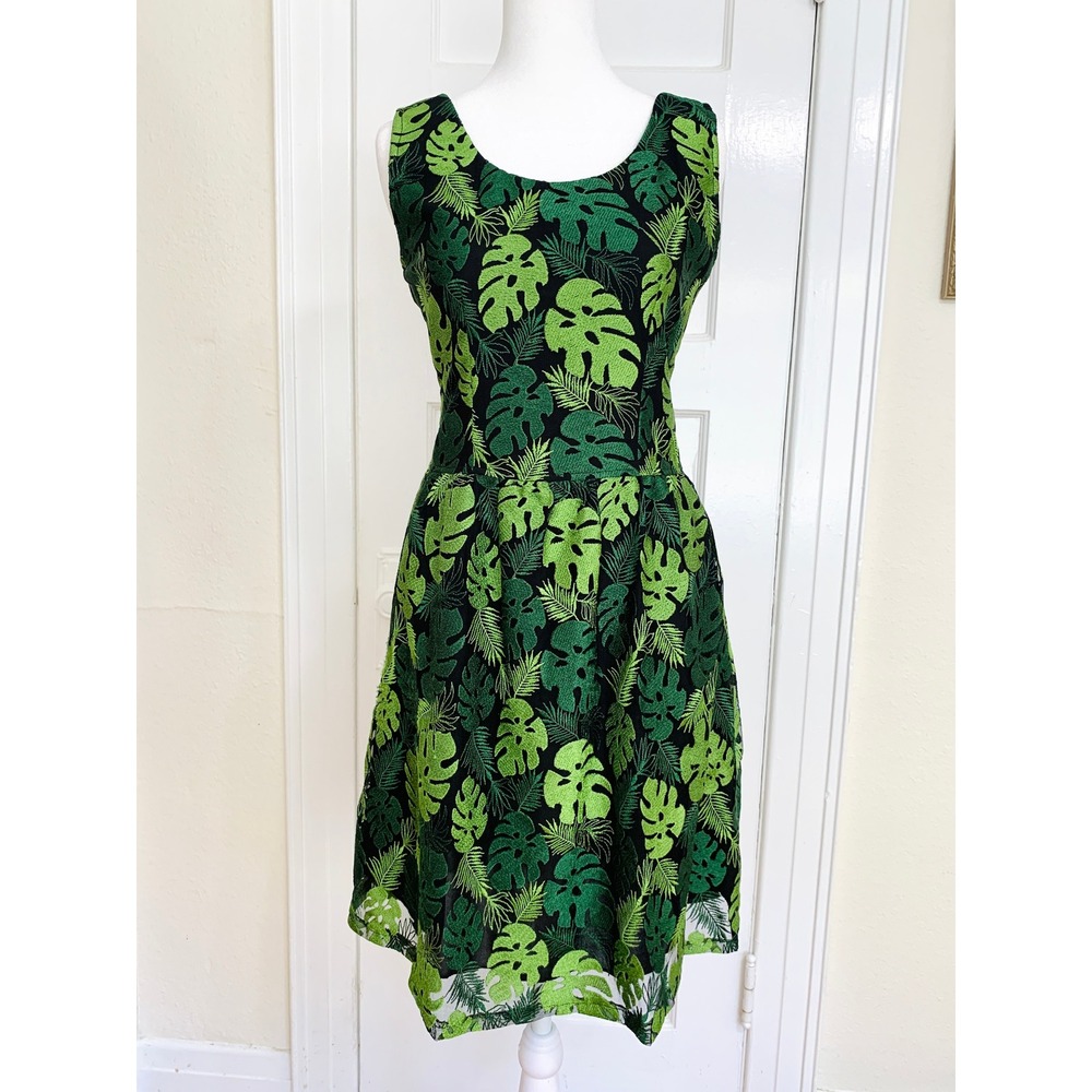 Vintage Handmade Monstera Tropical Dress 2 Fit Flare Mesh Overlay Botanical Tiki